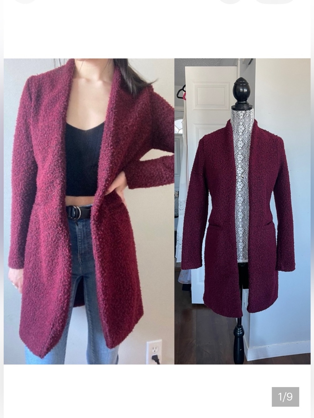 NWT Dynamite Boucle Open Front Textured Jacket. Pockets. Shiraz/Black. Small.